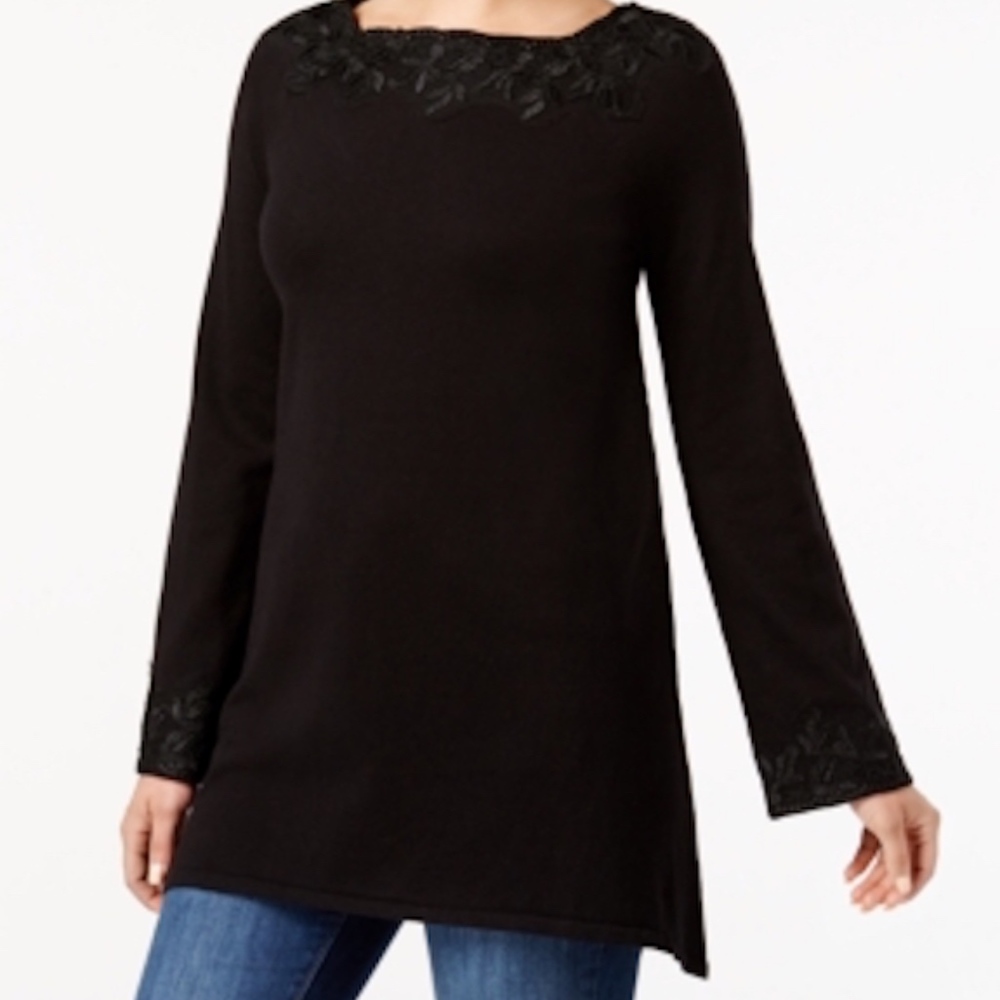 Style & Co Tunic Sweater with Lace Trim Black PL - Picture 1 of 7